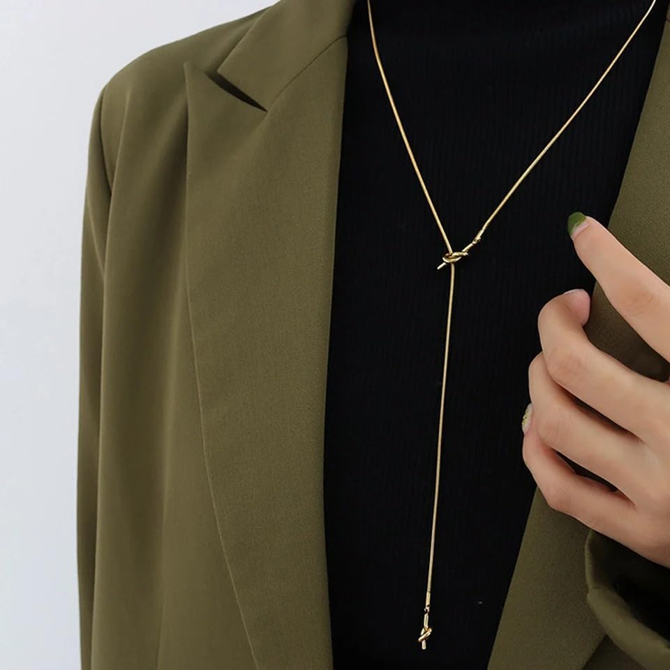 925 Sterling Silver Lariat Necklace, Long Tassel Necklace For Women, 14K Yellow Gold Necklaces Irregular Cross Knotted Shaped, Snake Collarbone Chain Jewelry For Girlfriend, Boho Necklace - color: Gold