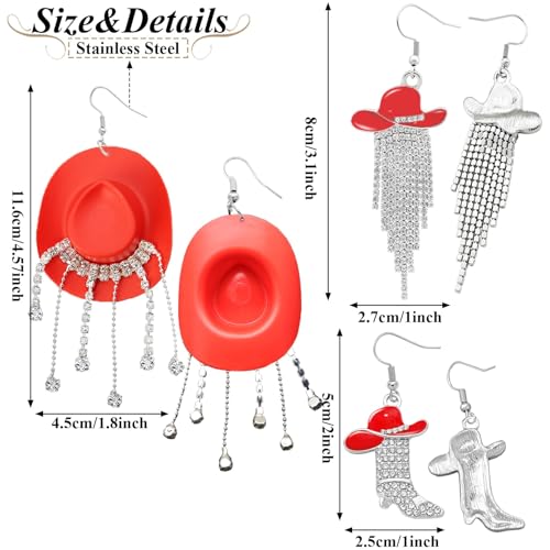 RechicGu 3 Pairs Western Cowgirl Cowboy Hat Earrings Set Silver Symmetric Boots Sparkly Rhinestone Tassels Drop Dangle Rural Culture Earrings Set For Women - color: Silver Boots,Red Hat