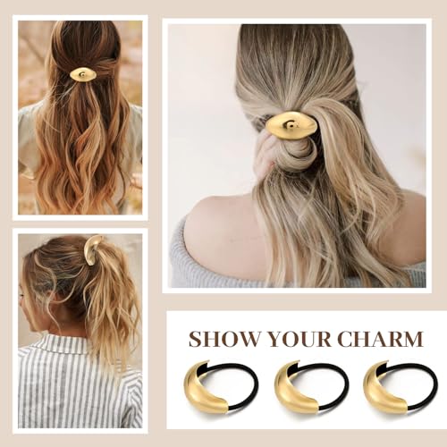 3PCS Gold Hair Ties, Metal Hair Ties for Thick Hair, Elegant Durable Geometric Design Hair Cuffs, Gold Hair Accessories Stretchy Non-Damage Ponytail Cuff Holders Holiday Gifts - color: Gold Set 05
