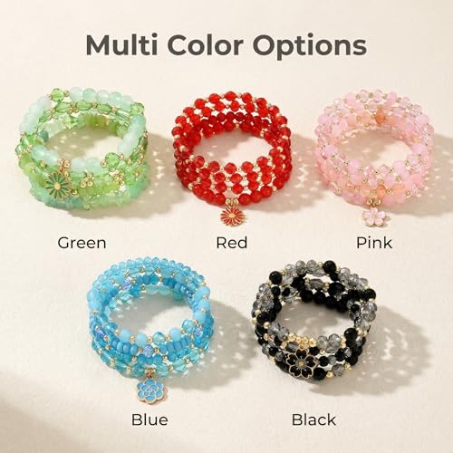 LOTSOF Boho Flower Beaded Bracelet Set for Women - Multilayer Crystal & Flower Charm Stackable Bracelets, Fashion Jewelry Gift for Her - color: Green