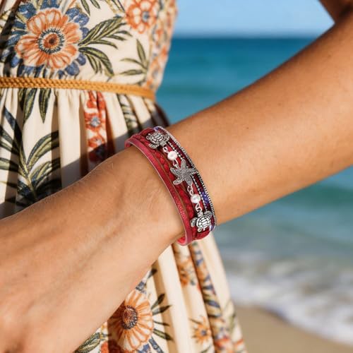 Long tiantian Boho Leather Wrap Bracelets Western Bracelets for Women Stackable Starfish Crystal Pearl Turquoise Leather Bracelet With Clasp Jewelry Gifts Boho Dresses - color: B2:RED Bracelet