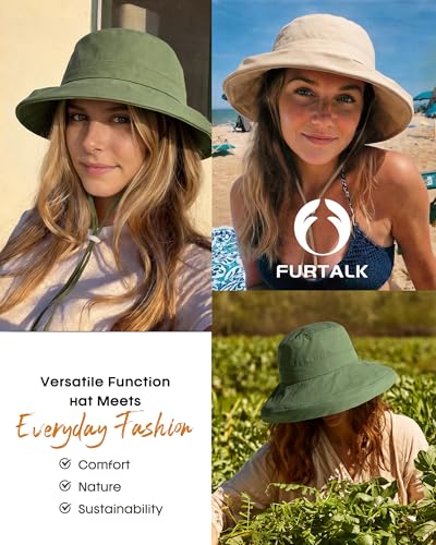 FURTALK Sun Hats for Women Wide Brim Ponytail Beach Sun Protection Hat with Fold-Up Brim Bucket Hat - color: Green