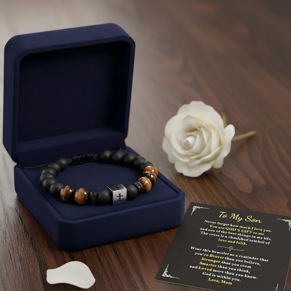 To My Son Bracelet from Mom/Dad Mother Son Bracelet Beads Love You Forever Engraved Bracelets Tiger Eye Protection Bracelets Sobriety Christmas Birthday Jewelry Gifts for Men - color: A:Cross-Son