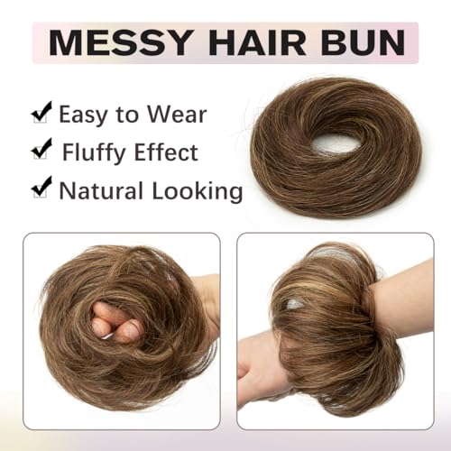 Messy Bun Hair Piece, 100% Real Human Hair Extensions, Soft Fluffy Elastic Scrunchie, 30s Easy Updo for Women & Kids, Ideal for Daily Wear, Ballet, Dance & Office Use (Highlight Brown) - color: Brown Highlights Honey, size: 4 Inch