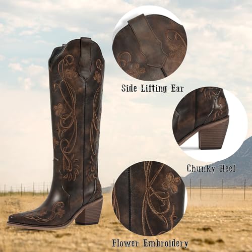 wetkiss Knee High Cowboy Boots for Women, Stable and Comfortable | Western Style,Cowgirl Boots,Versatile,Pull On,Various Occasions,Non-slip Sole,Bohemian Rural Style - color: Vintage Brown Floral, size: 6