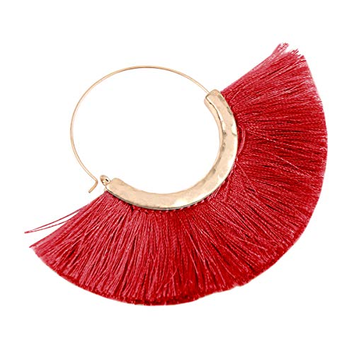 Bohemian Silky Thread Tassel Strand Fringe Statement Hoop Earrings - Lightweight Semi Circle Fan Threader, Mermaid Hoops - color: Halfmoon Tassel Hoops - Burgundy