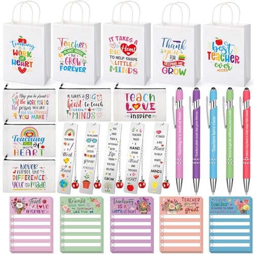25 Pcs Teachers Appreciation Gift for Women Teacher Kraft Paper Bags Makeup Bags Sticky Notes Ballpoint Pens and Bookmarks Graduation Gifts for Tutor Appreciation Week Gift Sets Bulk - style: White
