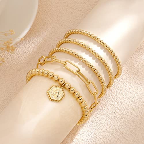 Gold Beaded Bracelet for Women - 14K Real Gold Plated Bead Bracelet Stretchable Elastic Chain Ball Bracelet Kit Jewelry Gifts with Letter Pendant - color: Gold-D