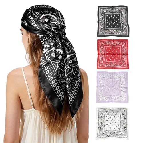 Ciormis 35" Silk Head Scarf for Women, 4 Pcs Satin Hair Scarf Square Silk Bandana Top Neck Scarves Hair Wraps for Sleeping - color: J1-cashew-set3
