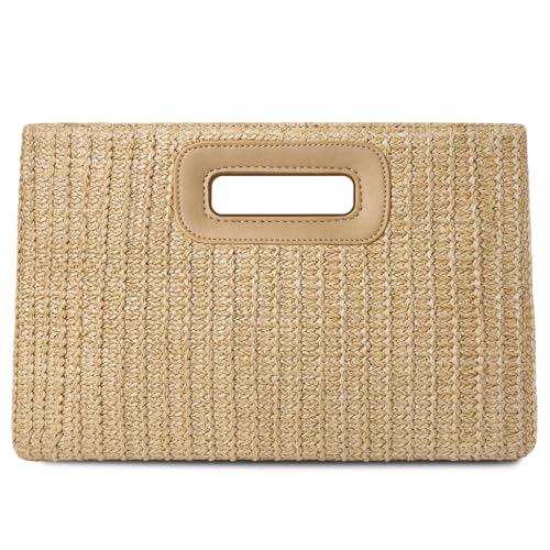 Beach Clutch Bag Straw Summer Clutch Purses for Women Handmade Woven Purse Detachable Gold Chain, Crossbody - color: Khaki