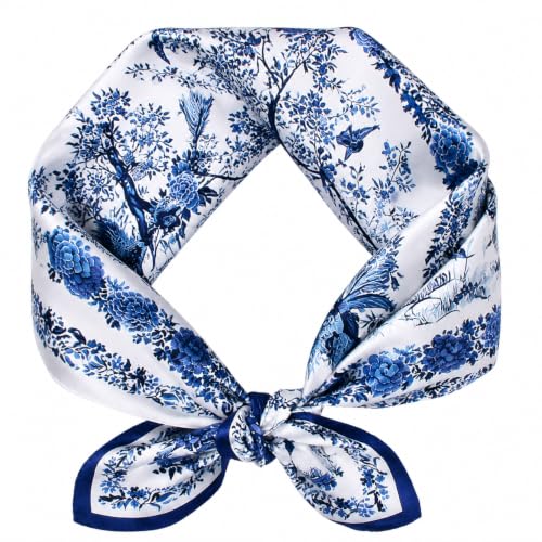 Stlvoll 100% Silk Head Scarf for Women - 27" Hair Scarves Satin Bandanas Square for Night Sleeping with Gift Packed - color: Flower/Navy Blue