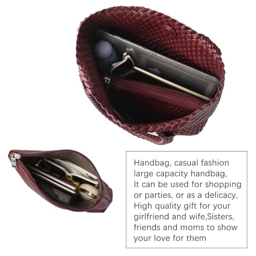Hand Woven Bag Tote BagS For Women Top Handle Shoulder Vegan Leather Large Travel Beach Hobo Handbag - color: Burgundy