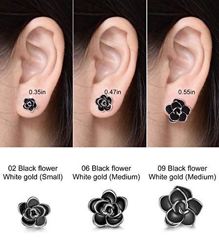 AllenCOCO Rose Flower Stud Earrings for Women Sensitive Ears, Hypoallergenic Cute Gold And Silver Rose Flower Earrings Studs for Women Nickel Free - color: Black flower/White gold, size: 0.55
