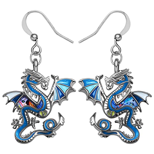 Enamel Alloy Dinosaur Fantasy Dragon Earrings Drop Dangle Unique Animal Jewelry For Women Dragons Gifts - color: Cobalt