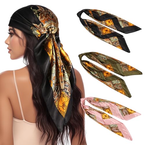 3 Pcs Satin Head Scarves for Women - 35" Satin Hair Scarves Large Square Silk Like Scarves & Bandanas - color: Black,deep Green,pink