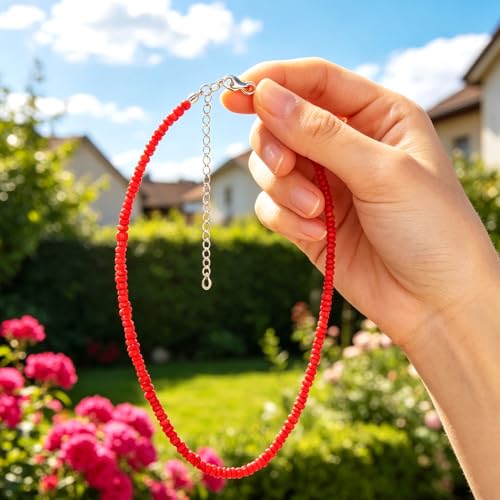 Tgirls Boho Choker Necklace Chain Rice Beaded Necklaces Seed Bead Necklace Accessory for Women - color: Red-1