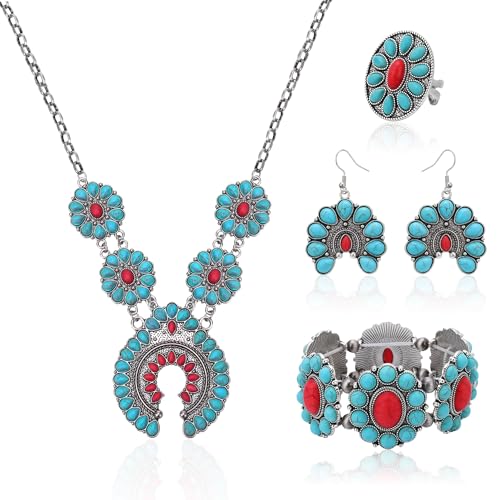 4 PCS Western Turquoise Jewelry for Women Boho Vintage Navajo Pearl Necklace Earring Bracelet Ring Set Country Cowgirl Accessories for Gift - color: M-Blue