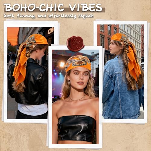 Large Square Head Scarf Bandana - 35" Satin Hair Scarf for Women Like Silk Scarf Fashion Hair Wrapping - color: Paisley(orange), size: 35IN*35IN
