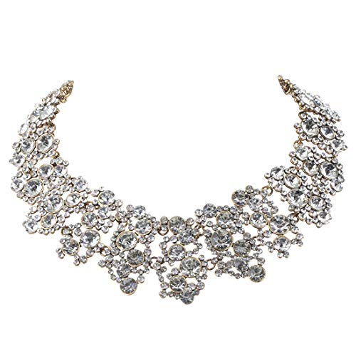 Jerollin Crystal Rhinestone/Pearl Statement Chain Necklace, Vintage Choker Bib Pendant Necklace Bohemian Bling Tassel Collar Statement Necklace for Evening Party - color: Silver Crystal