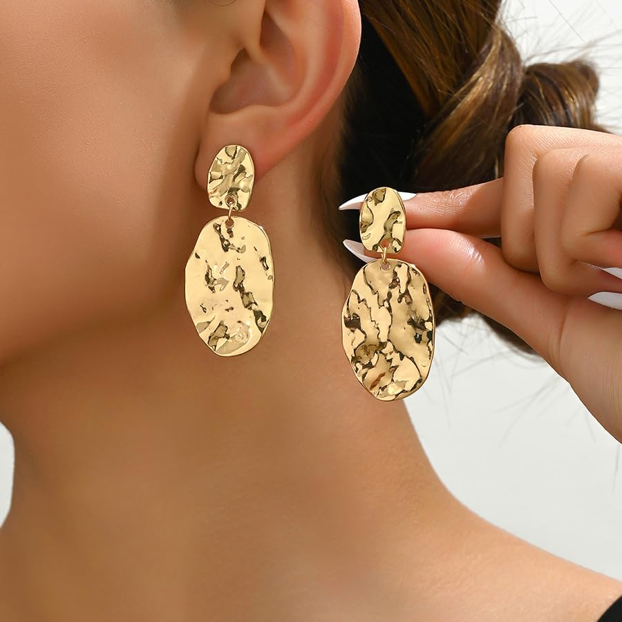 Chunky Irregular Geometry Clip On Earrings for Women, Matte Gold/Silver Retro Oval Dangle Drop Clip Earrings Non Pierced Clips Stetement Jewelry Gifts - color: Gold