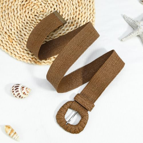 HOTWILL Women Straw Woven Belt Boho Elastic Stretch Braided Waist Belts for Summer Dresses - color: Tan_d Ring Buckle
