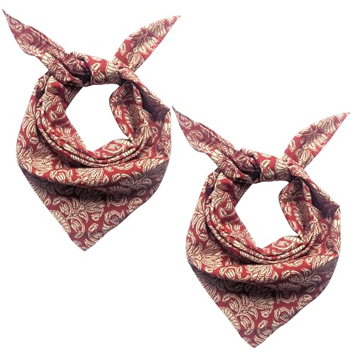 AVKA Studio 100% Cotton Bandanas for Women & Men, 2 Pack 20x20 Inch, 22x22 inch Hand Printed, Lightweight Cotton Handkerchief - color: Rust & Beige, size: 22 x 22 Inches Large