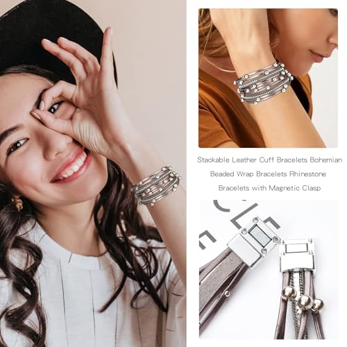 Long tiantian Boho Bracelets for Women Western Jewelry for Women Leather Wrap Bracelets Stackable Bangle Western Outfit for Women - color: leather wrap bracelets for women(grey)