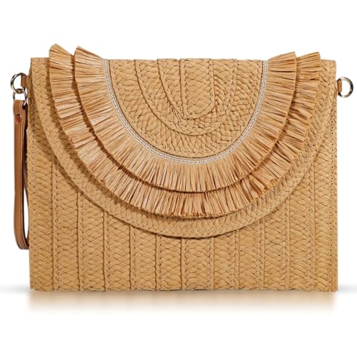 Crossbody Bags for Women, Straw Clutch Purses, Bohemian Handmade Woven Envelope Package, Tassel Handbags for Women | Bohemian - color: Khaki