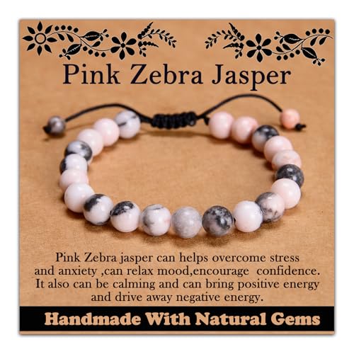 468Handmade Adjustable Natural Gemstone Crystal Bracelet Healing Power Energy Inspirational Gifts with Card for Unisex - color: 07-Pink Zebra Jasper(Relax mood), size: 8mm