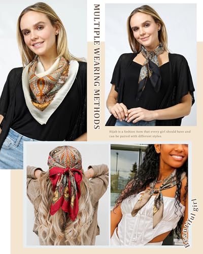AWAYTR 27.5” Silk Satin Square Head Scarf - 4PCS Satin Head Scarves for Women Hair Kerchief Bandanas Sleeping Head Wraps - color: Cashew(red/Black/Camel/White)