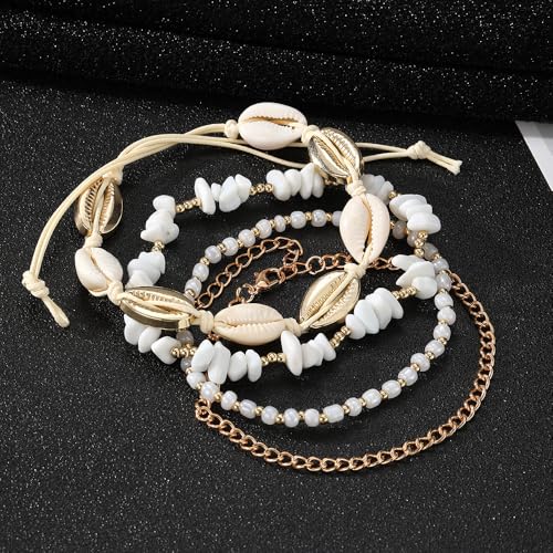 ZMANYIJEW Shell Ankle Bracelet Set for Women, Boho Pearl Adjustable Anklet,Beaded Layered Ankles Bracelets Shell Pendant Elastic Foot Chain Anklets for Women - style: 4pcs