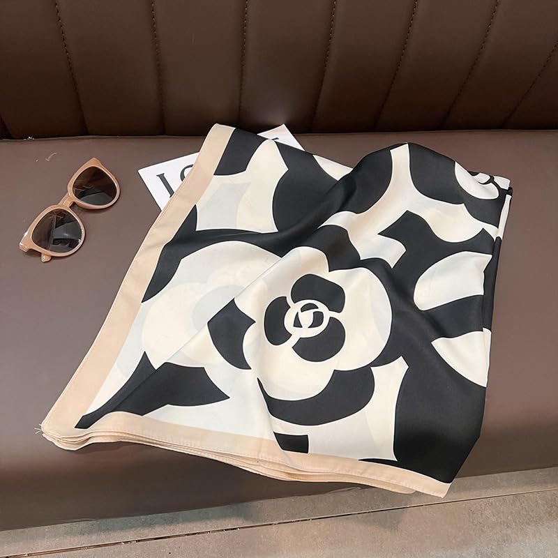 Women's Square Silk Like Head Scarf Large 35 inch Silk Feeling Hair Wrapping Satin Scarves for Sleeping Bandanas - color: A004-1 Twill Flower Rice White