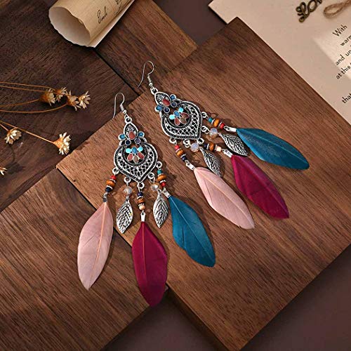 Bohemian Earrings Feather Tassel Silver Ethnic Retro Boho Dangle Earring Bead Women Jewelry for Birthday Party Gifts (Multicolor) - color: Multicolor