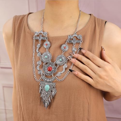 Bethynas Bohemian Ethnic Tribal Chunky Necklace Multilayer Long Tassel Turquoise Statement Neck Chain Retro Coin Gemstone Exaggerated Costume Accessories for Women - color: B-Silver