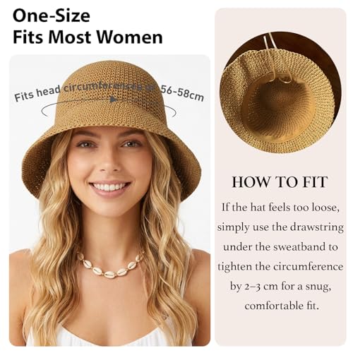 Straw Bucket Hat for Women Foldable Summer Beach Sun Hats Wide Brim Crochet Floppy Hat for Vacation Travel Shade & Style - color: Khaki-d