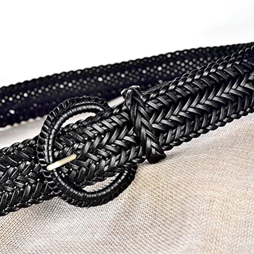 Women Wide Braided Leather Belt 1.6 inch Ladies Soft Woven Waistband with Buckle - color: Black