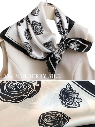 100% Mulberry Silk Scarf for Women Hair Lightweight Square Neckerchief Wrap For Head Scarves 21" - color: 21-black and White Flower Frame /21"*21"