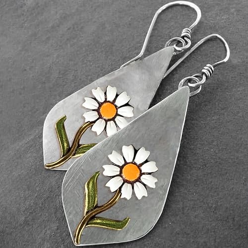 Boho Earrings, Statement Earrings, Teardrop Sunflower Earrings, Dangle Ethnic Earrings for Women, Handmade Bohemian Trendy Boho Vintage Jewelry - style: White Daisy