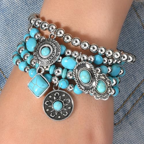 Long tiantian Western Turquoise Beaded Bracelet Set for Women Stackable Cowgirl Bracelets Boho Concho Jewelry Country Concert Rodeo Outfit Accessories Gifts - color: D3:Turquoise Bracelet