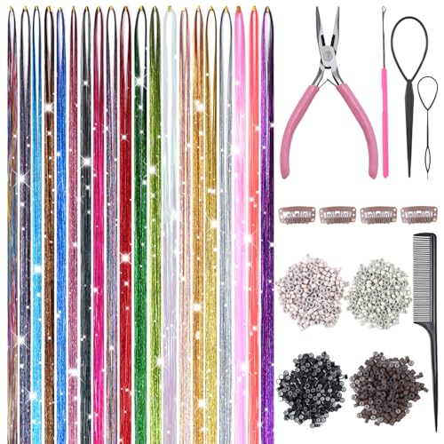 Hair Tinsel - 20 Colors Hair Tinsel Kit - 8000 Strands 48 Inch Glitter Tinsel Hair Extensions with Tools - Heat Resistant Sparkling Fairy Hair Accessories for Girls & Women