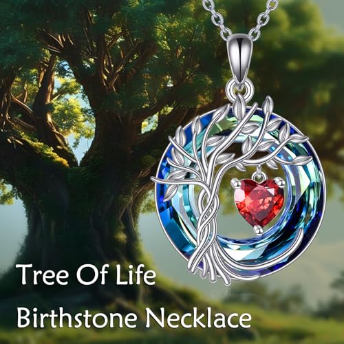 POPLYKE Mothers Day Gifts for Mom Her Wife Tree of Life Necklace 925 Sterling Silver Birthstone Pendant with Crystal Anniversary Birthday Wedding Jewelry for Women - color: 01-Jan-Garnet, style: White Gold Plated-Blue Crystal