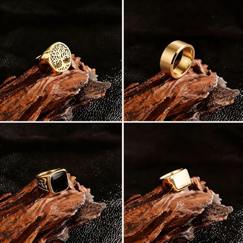 12 Pcs Stainless Steel Vintage Ring for Men Carving Celtic Sliver Band Rings Set Men Rings Jewelry - color: Gold