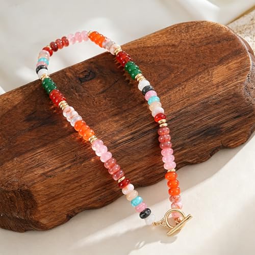 Colorful Beaded Necklace for Women Gemstone Bead Chokers Toggle Boho Natural Stone Surfer Necklaces Summer Beach Jewelry - color: B-Pink&Orange