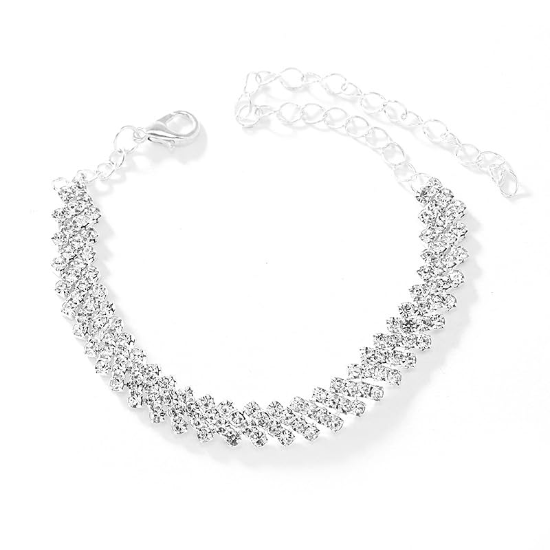 KaFu Heart Rhinestone Ankle Bracelets for Women, Adjustable Silver Shiny Tennis Anklets, Twinkle Cubic Zircon Diamond Anklet Foot Chain Beach Summer Jewelry Gifts - color: silver-3