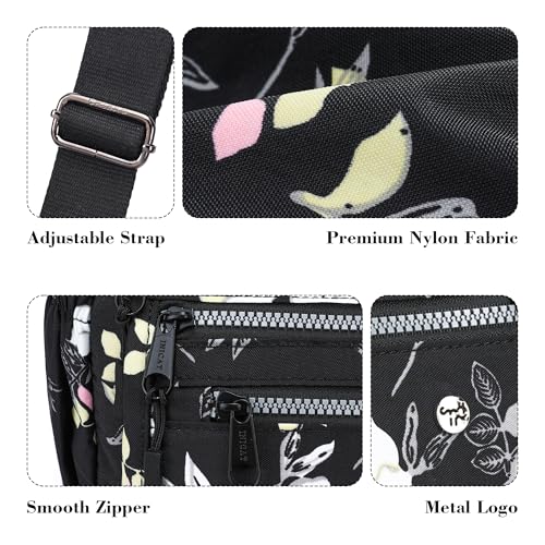 AOCINA Crossbody Bags for Women Multi Pocket Nylon Lightweight Ladies Purses Messenger Shoulder Handbags Satchel Travel Bag - color: Black Flowers, size: Small