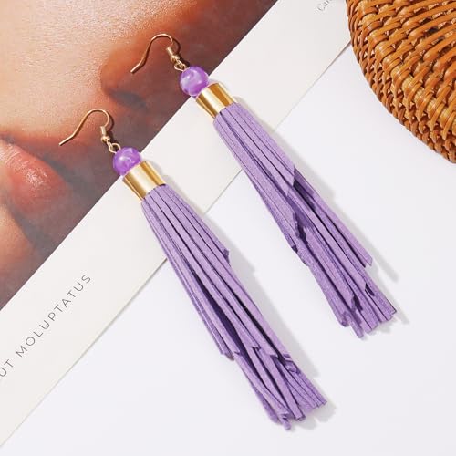 Coiris Boho Leather Layered Tassel Earrings for Women Lightweight Leather Fringe Dangle Earrings Handmade Bohemian Summer Beach Western Drop Earrings for Women - color: Purple