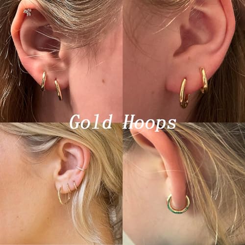 1 Pair 7mm Small Hoop Earrings for Women, Dainty 14K Gold Plated Huggie Hoop Earrings Hypoallergenic Lightweight Cartilage Earrings Set for Multiple Piercings for Sensitive (Gold/2.0mm) - color: Gold, size: 7mm (Thickness: 2.0MM)