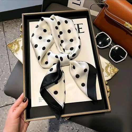 Sumolux Head Hair Scarf for Women Like Satin Silk Scarf Bandana Hair Wrapping Night Large Square Scarves 27.5" - color: White Black Polka Dots