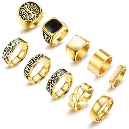 MEDOJO 10 Pcs Men's Stainless Steel Vintage Signet Ring Square Pinky Thumb Chunky Thin Band Ring Vintage Biker Band Rings Set 7-13 - color: Gold