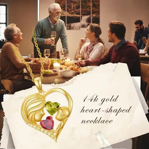 Mothers Day Gifts 14K Yellow Gold Mother Daughter Heart Pendant Necklace with 12 Months Birthstone Birthday Gifts for Mom Anniversarry Jewelry for Mom Wife Girlfriend - color: 01-08-Jan-Aug Birthstone